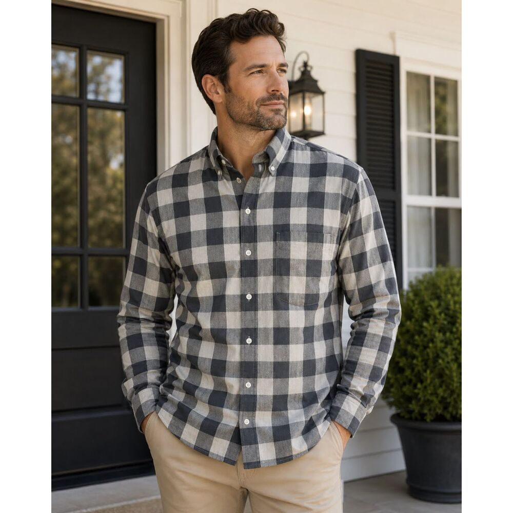J.Crew Flex Washed Mens Buffalo Plaid Long Sleeve Button Down Shirt Gray Size M